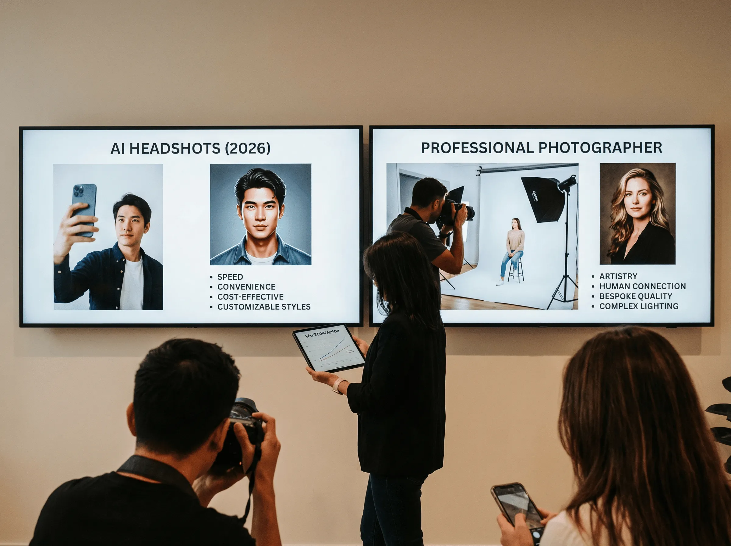 Professional AI-generated headshot comparison showing studio-quality results from Photo AI Studio technology