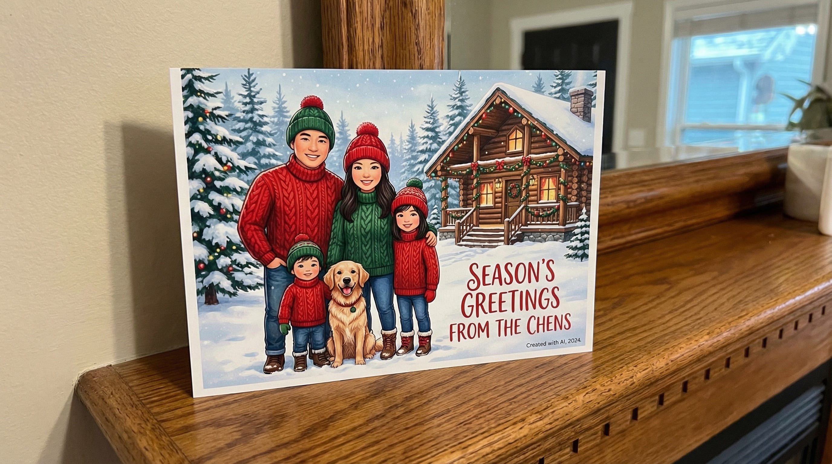 Familia hispana celebrando navidad con tarjetas navideñas generadas por inteligencia artificial mostrando fotos coordinadas perfectas