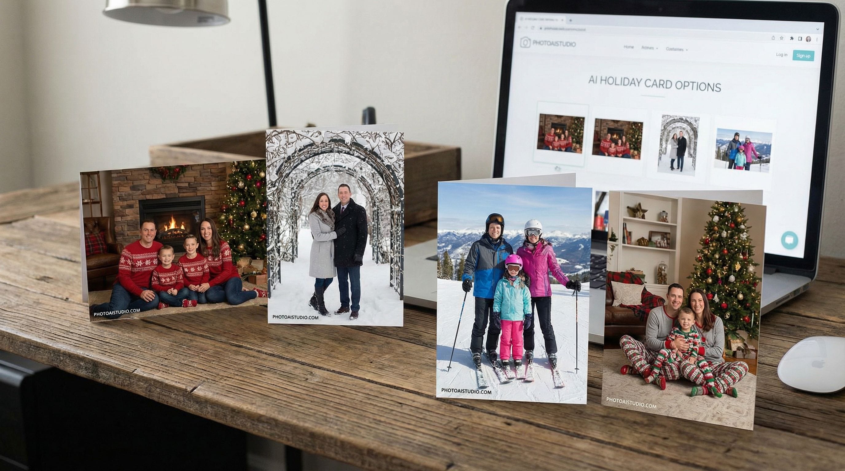 Comparación de estilos de tarjetas navideñas familiares creadas con inteligencia artificial mostrando diferentes fondos festivos y atuendos coordinados