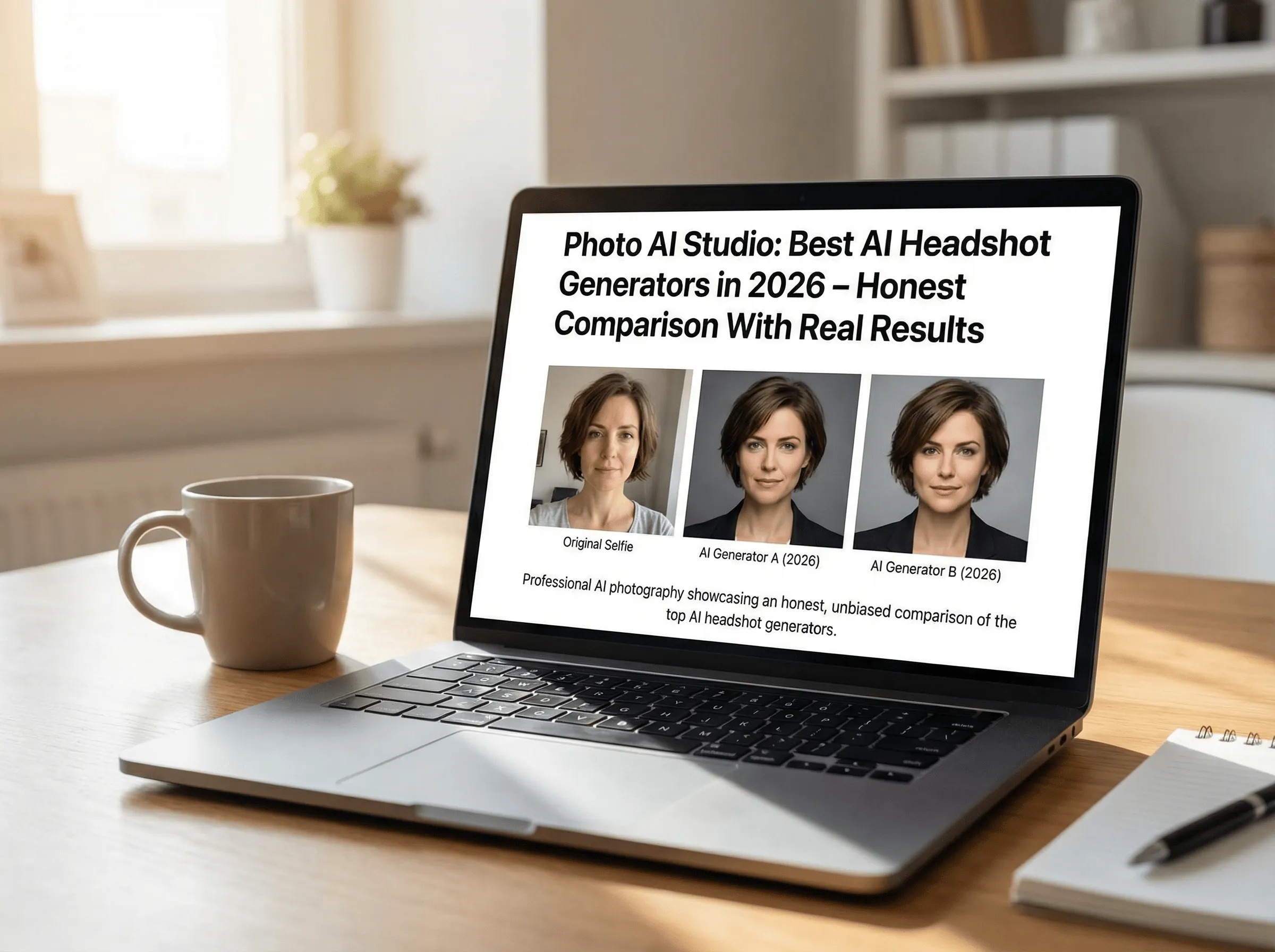 Side-by-side comparison of AI-generated professional headshots from different platforms showing quality differences in lighting, skin texture, and realism for best AI headshot generator 2026 evaluation