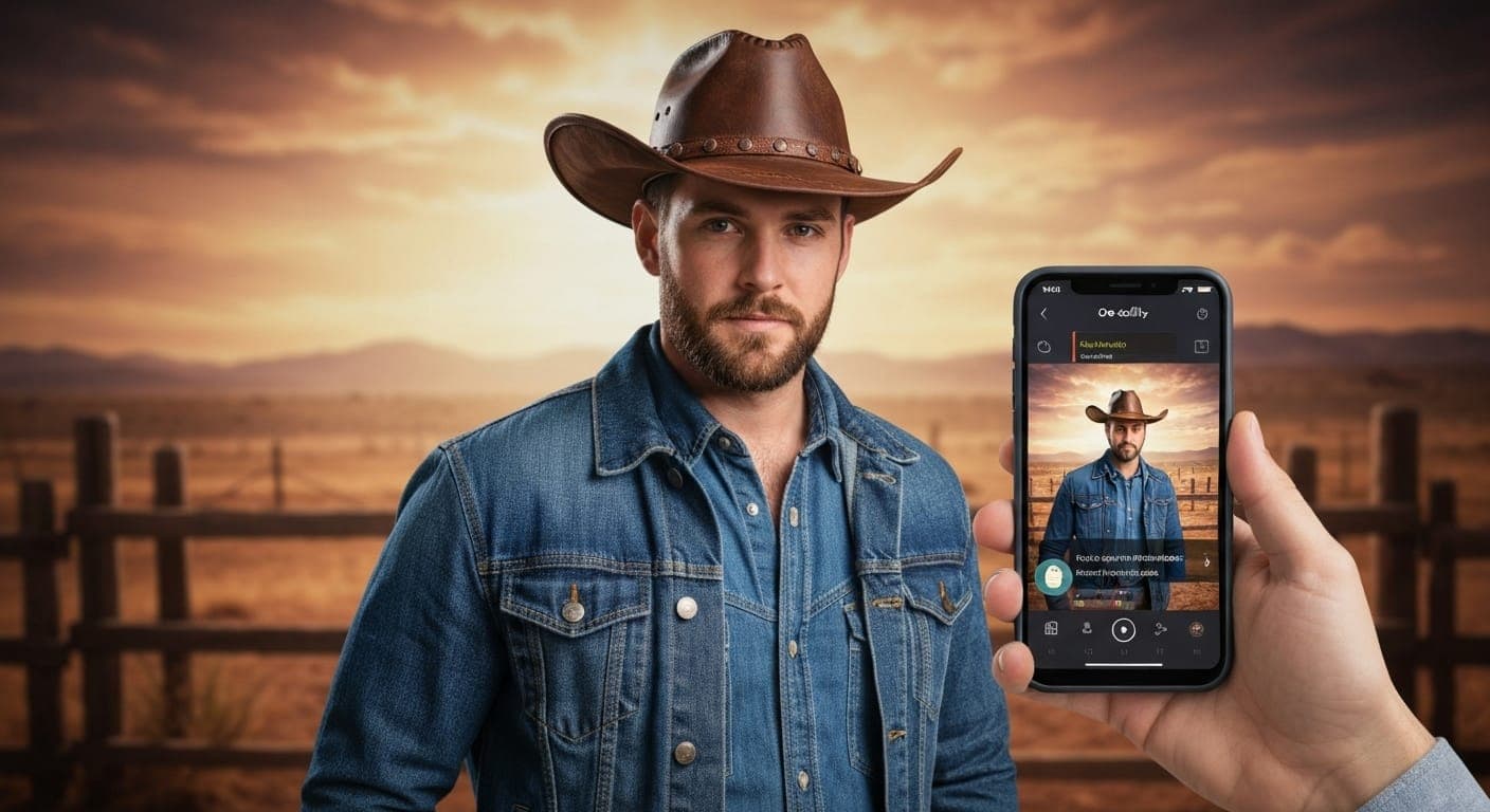 Escena de vaquero generada por IA con un atardecer de fondo