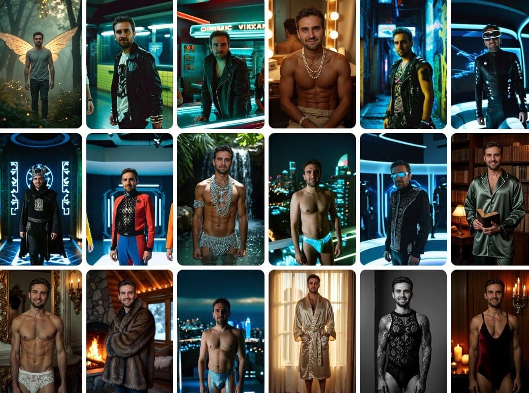 Collection of AI-generated cyberpunk boudoir photos showing various neon-lit scenes and futuristic fashion