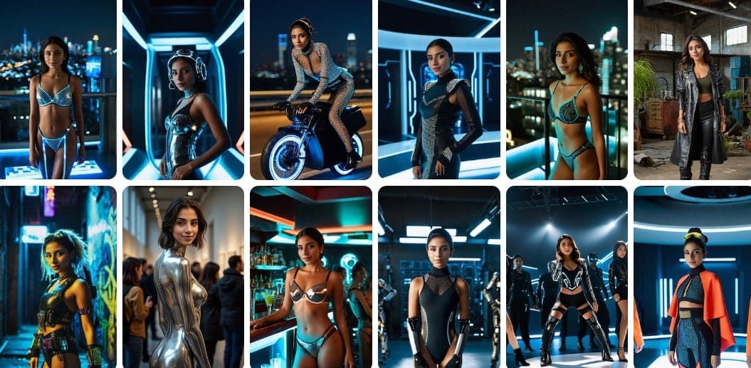 Side-by-side comparison showing the transformation from a basic selfie to stunning AI-enhanced cyberpunk boudoir portraits