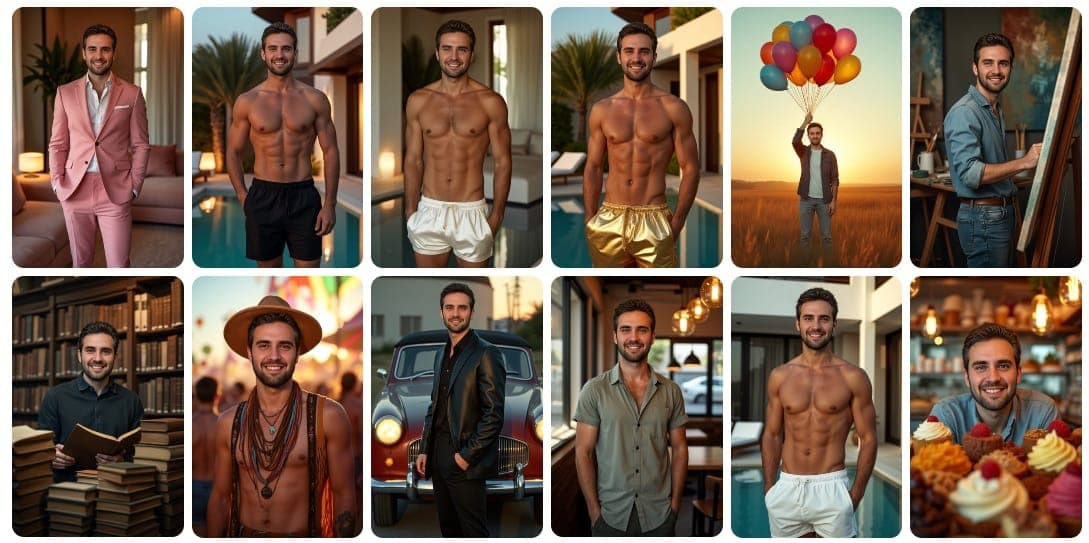Sammlung KI-generierter Dating-Profilfotos, die verschiedene lässige und stilvolle Posen in attraktiven Umgebungen zeigen