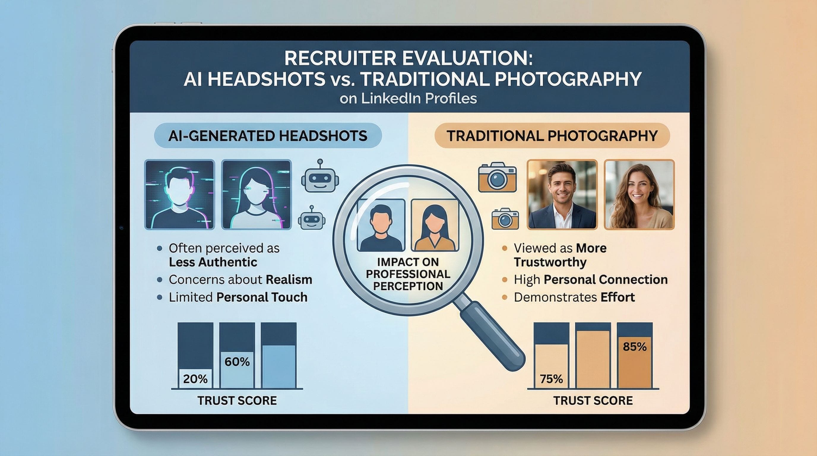 Professional comparison showing recruiter evaluation of AI headshots versus traditional photography on LinkedIn profiles