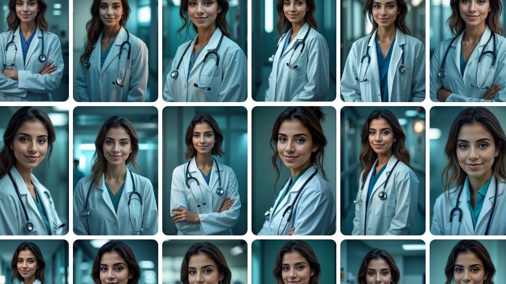 人工智能生成的医生照片集，展示了临床环境中身着实验室工作服和手术服的各种医疗专业人员