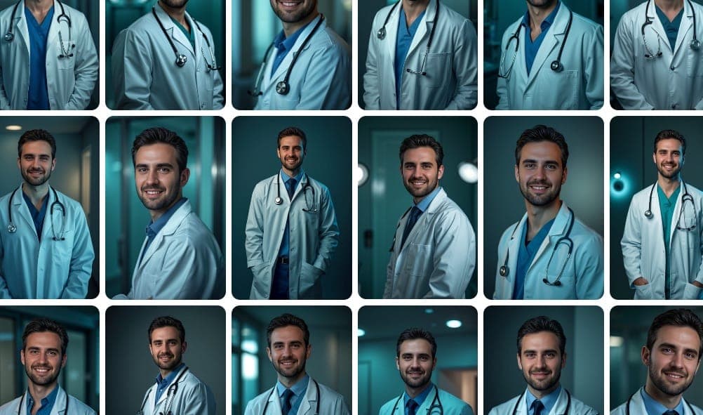 并排比较显示了从基本自拍照到专业 AI 增强医学肖像的转变