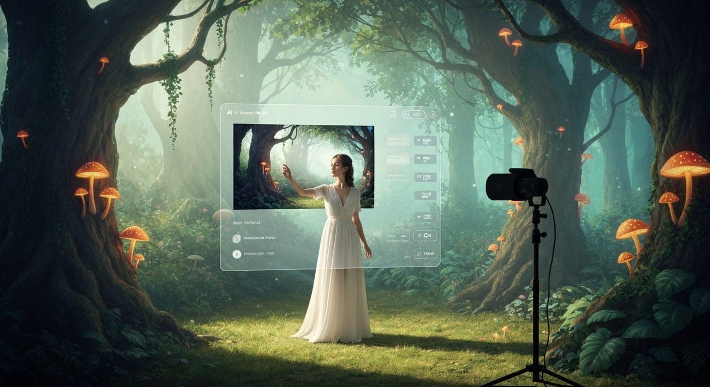 Fotografía de bosque encantado generada por IA que muestra criaturas místicas.