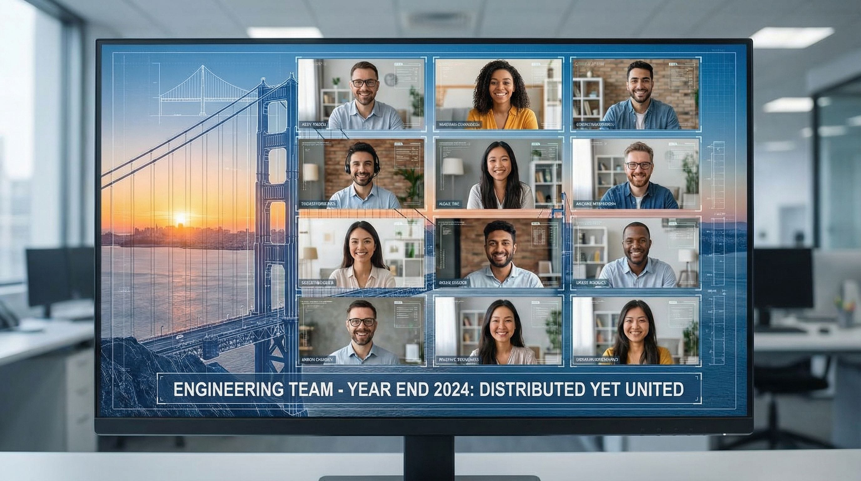 Professional AI-generated end of year team photo showing remote distributed team members seamlessly integrated into unified background