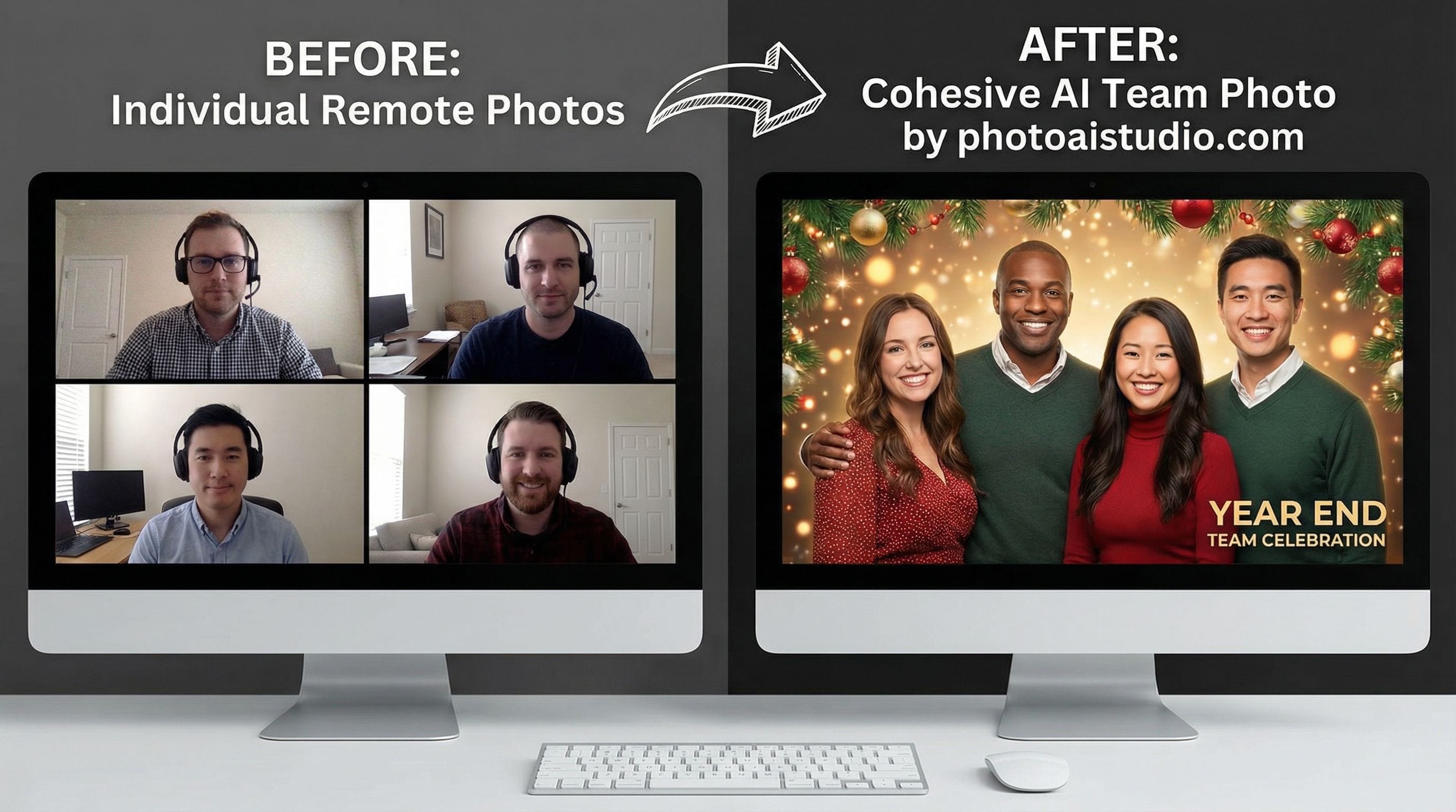 Before and after comparison showing individual remote team member photos transformed into cohesive end of year team photo using AI technology