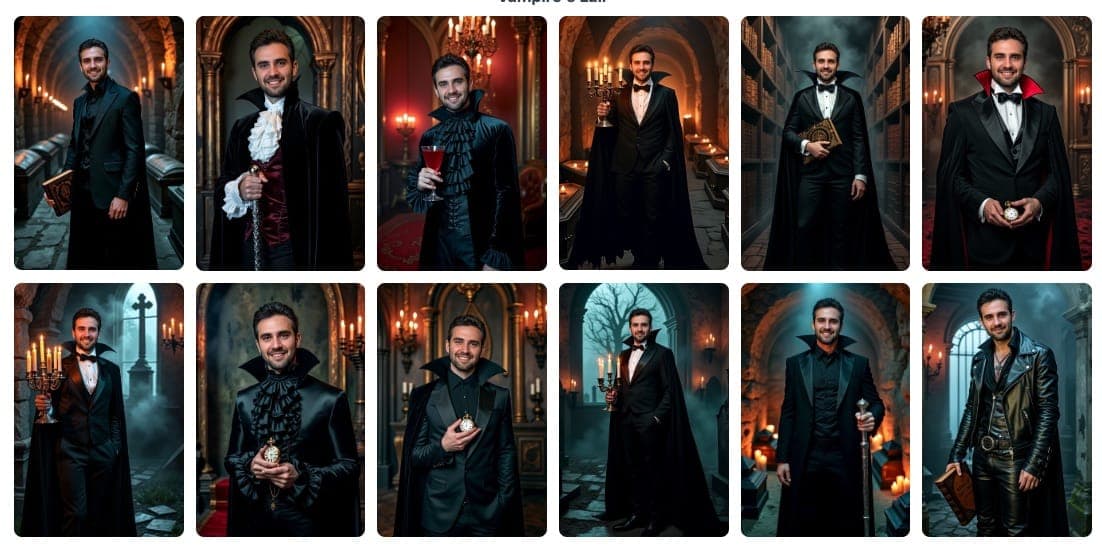 Collection of AI-generated Halloween photos showing various spooky and fun costumes in haunting settings