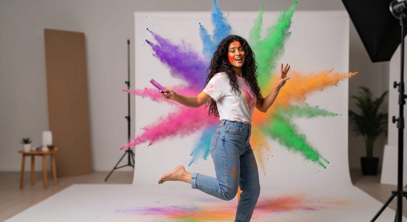 用人工智能摄影体验 2024 年洒红节的缤纷色彩