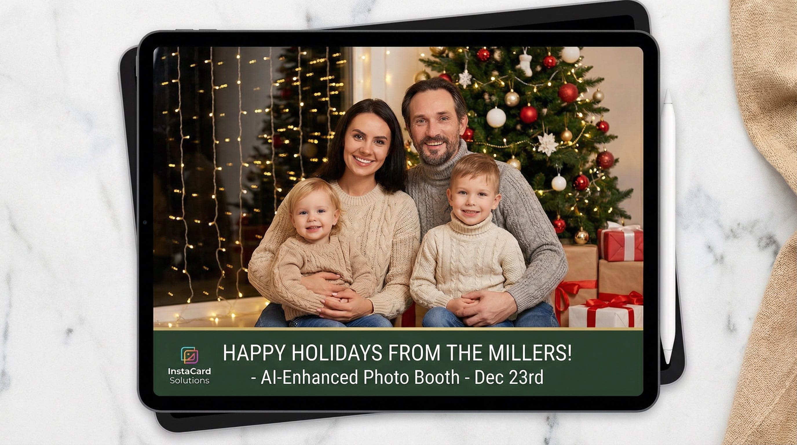 AI-generated professional holiday card photo showing family in festive setting created using last minute holiday card photo solution