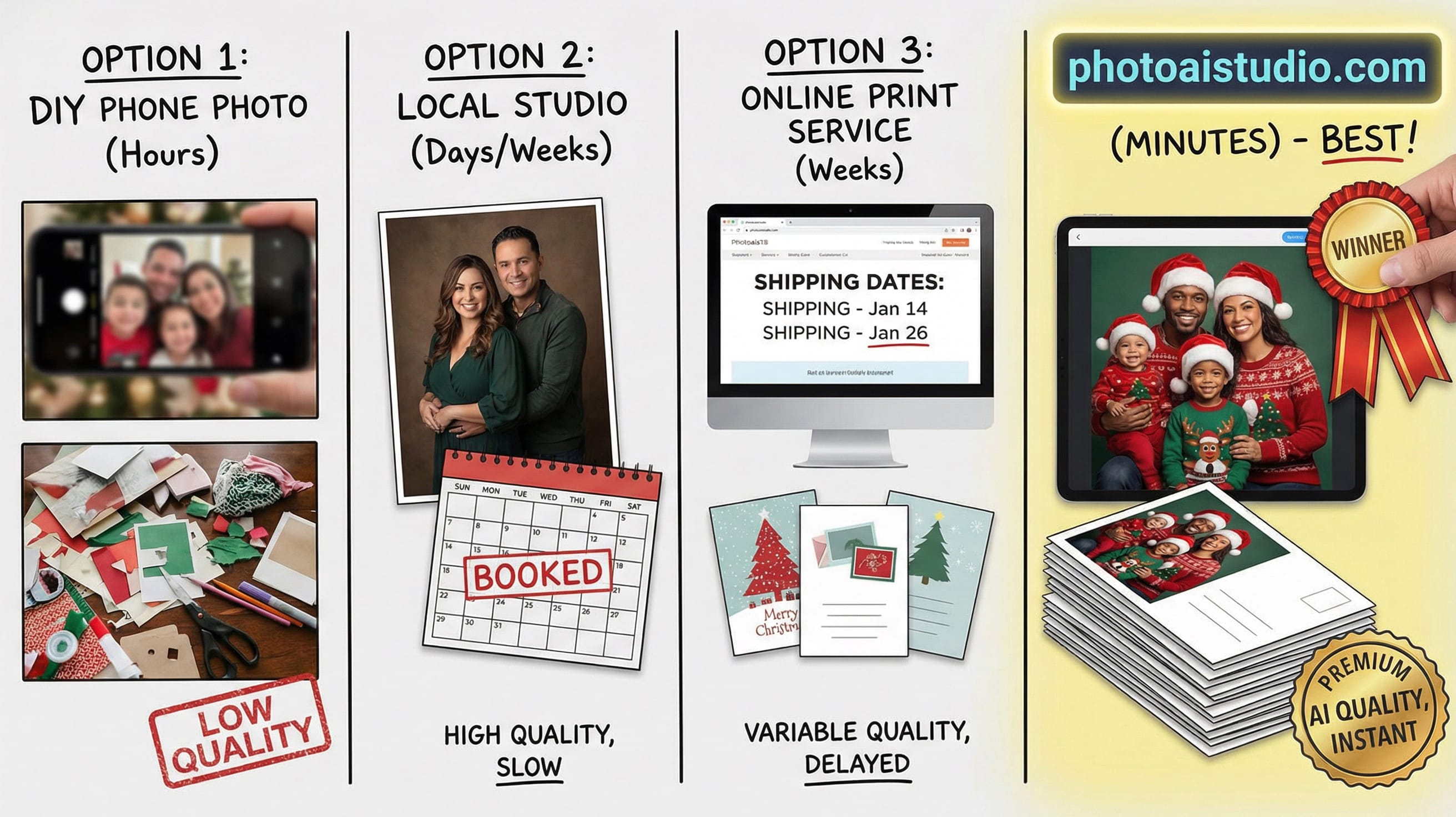 Comparison of different last minute holiday card photo printing options showing timeline and quality differences