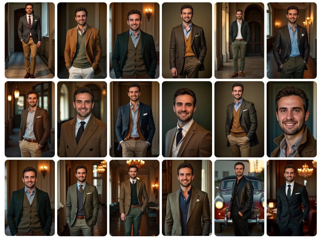 AI द्वारा निर्मित लक्जरी लाइफस्टाइल फ़ोटो का संग्रह, जिसमें डिज़ाइनर आउटफिट के साथ उच्च-स्तरीय सेटिंग्स में सुरुचिपूर्ण पोज़ दिखाए गए हैं