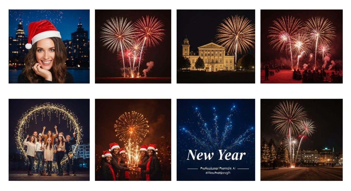 Sesión fotográfica de Año Nuevo con fuegos artificiales y celebraciones.