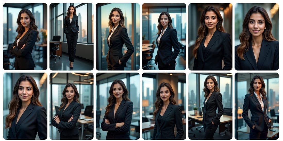 Collection de portraits professionnels générés par l'IA montrant diverses tenues et poses professionnelles dans des environnements d'entreprise