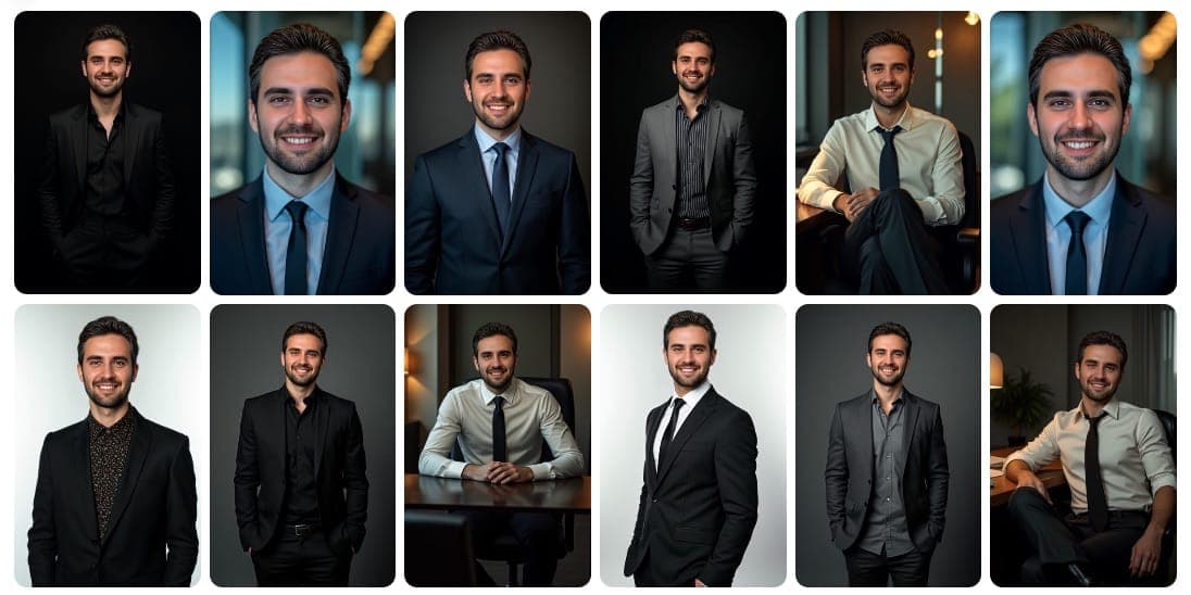 Comparaison côte à côte de portraits professionnels traditionnels et générés par l'IA, mettant en valeur la qualité et la cohérence des résultats de l'IA