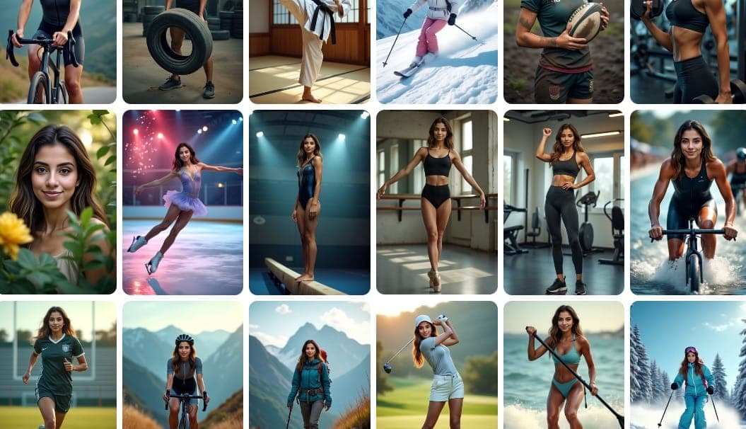 Collection of AI-generated sports photos showing various athletic poses and action shots across different sports