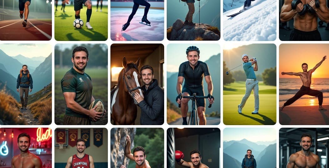 Side-by-side comparison showing the transformation from a basic selfie to dynamic AI-enhanced sports action shots