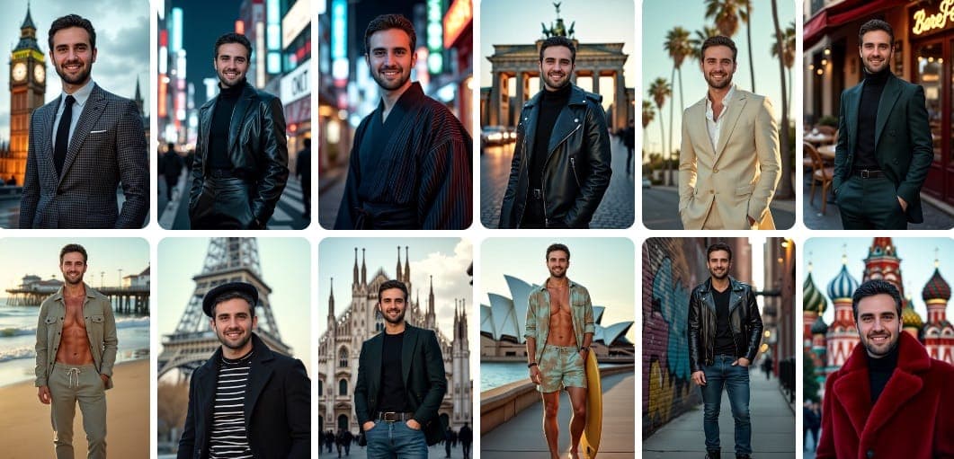 Colección de fotografías de viajes generadas por IA que muestran personas en diversos lugares emblemáticos y paisajes impresionantes de todo el mundo.