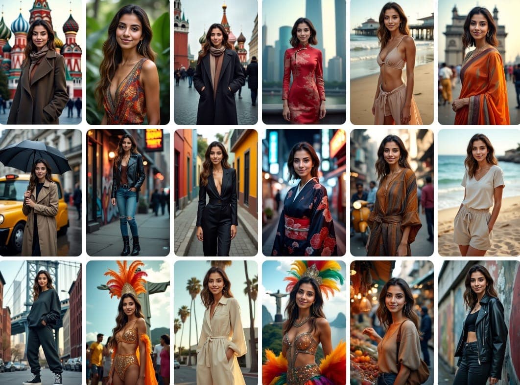 Comparación lado a lado que muestra la transformación de un selfie básico a impresionantes retratos de viaje mejorados con IA en lugares exóticos