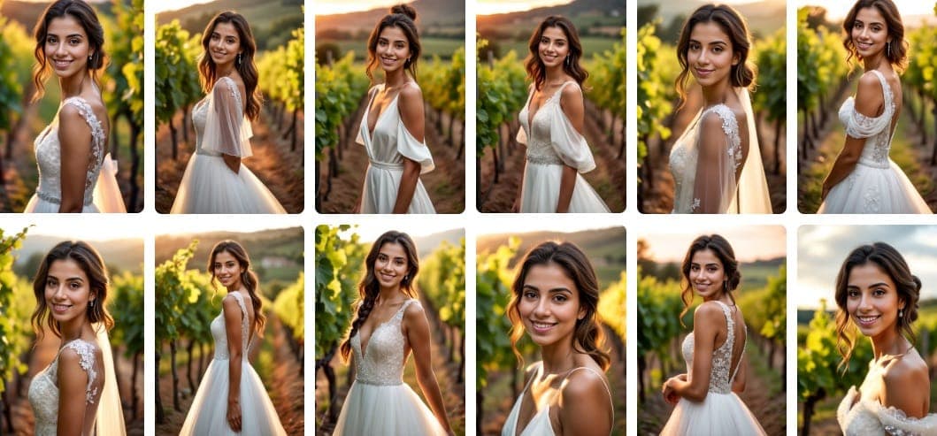 مجموعة من صور الزفاف التي تم إنشاؤها بواسطة الذكاء الاصطناعي والتي تعرض أوضاعًا رومانسية مختلفة وإعدادات زفاف أنيقة