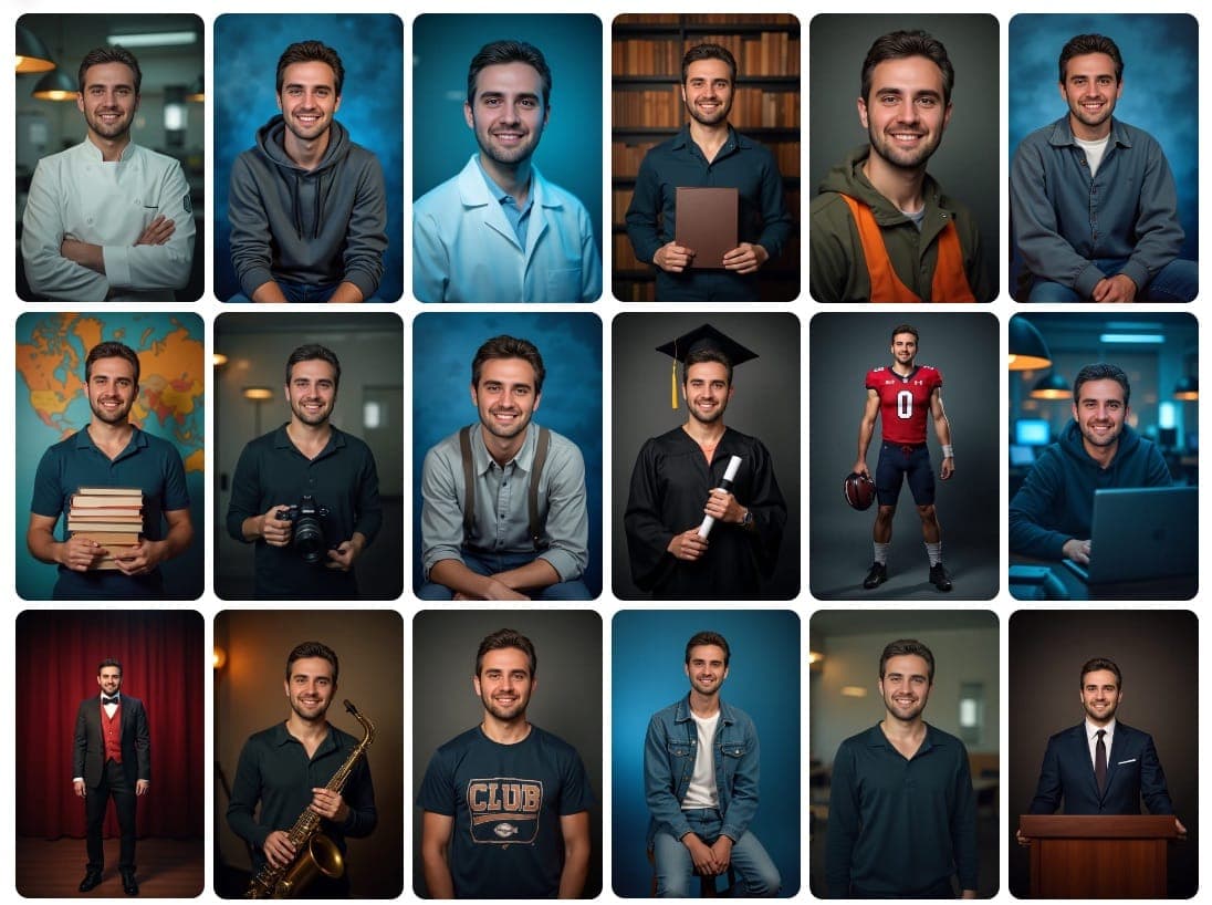 Collection of AI-generated yearbook photos showing various poses and styles in traditional school photo settings