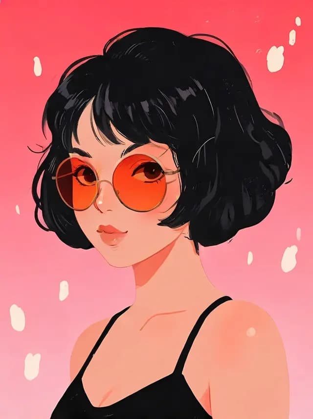 A woman with dark hair and a pink background is wearing sunglasses. She is looking to the side, possibly posing for a picture. The sunglasses are large and cover a significant portion of her face.