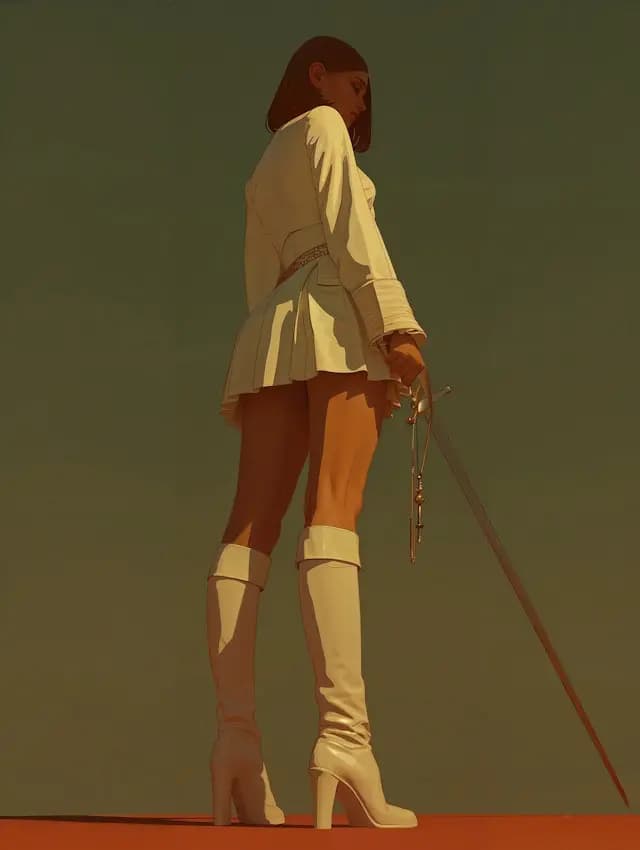 A woman is standing on a hill with a sword in her hand. She is wearing a white dress and white boots. The sword is held in a ready position, and she appears to be looking into the distance. The scene is set against a backdrop of a blue sky.