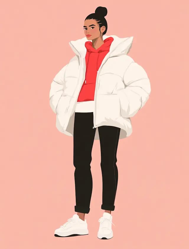 A woman wearing a white jacket and black pants is standing in a room ...