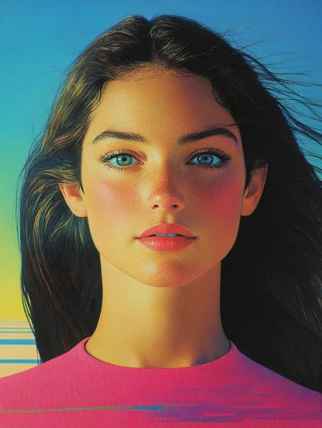 A woman with long, dark hair and blue eyes is looking at the camera. She is wearing a pink shirt and has a prominent nose. The woman's hair is blowing in the wind, adding a sense of motion to the scene.