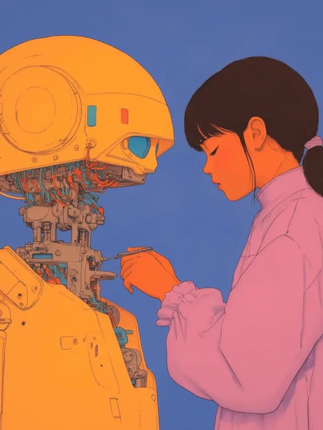 A woman is standing next to a robot, working on it. She is holding a pair of scissors in her hand, possibly cutting a piece of fabric. The robot is large and occupies a significant portion of the image, while the woman is positioned to the right of it. The scene appears to be set in a workshop or a similar environment where the woman is focused on her task.