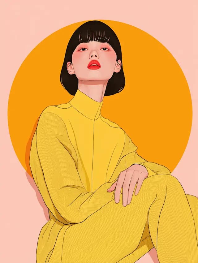 A woman is sitting on a pink surface with her legs crossed. She is wearing a yellow shirt and has a pink background. The woman is looking at the camera with a pink lipstick on her lips.
