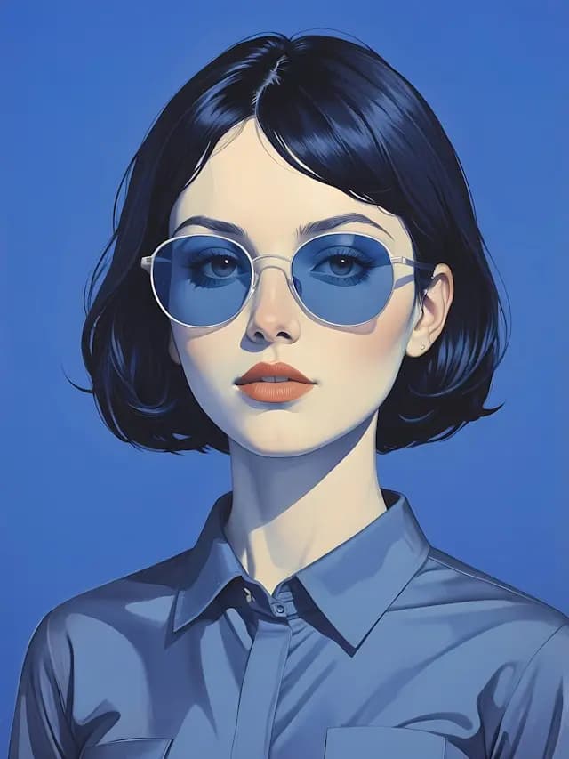 A woman wearing a blue shirt and sunglasses is the main subject of the ...