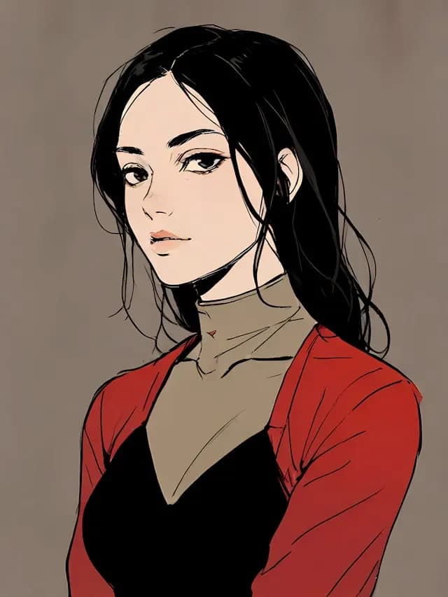 A woman with long black hair is wearing a red shirt and a black top ...