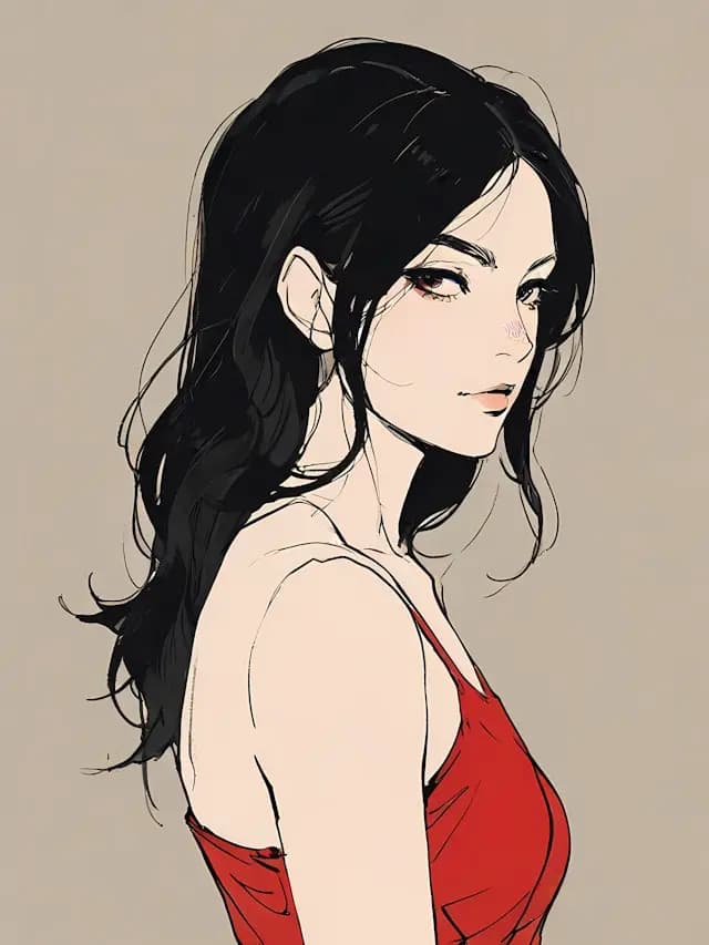 A woman with long black hair and red lips is looking to her left. She ...