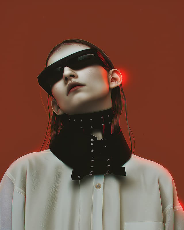 A woman wearing a black shirt and a black bow tie is standing in front of a red background. She is wearing sunglasses and appears to be looking down. The woman's hair is long, and she has a necklace on.