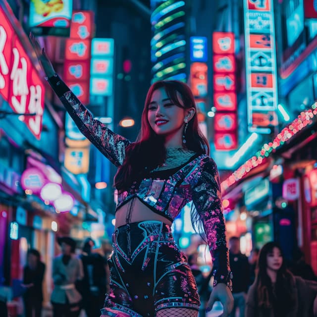 A woman in a black and white outfit is standing in the middle of a busy street, surrounded by a crowd of people. She is holding her arm up in the air, possibly waving or signaling to someone. The street is illuminated by neon lights, creating a lively atmosphere. The woman is the main focus of the scene, and her outfit stands out against the bustling background.