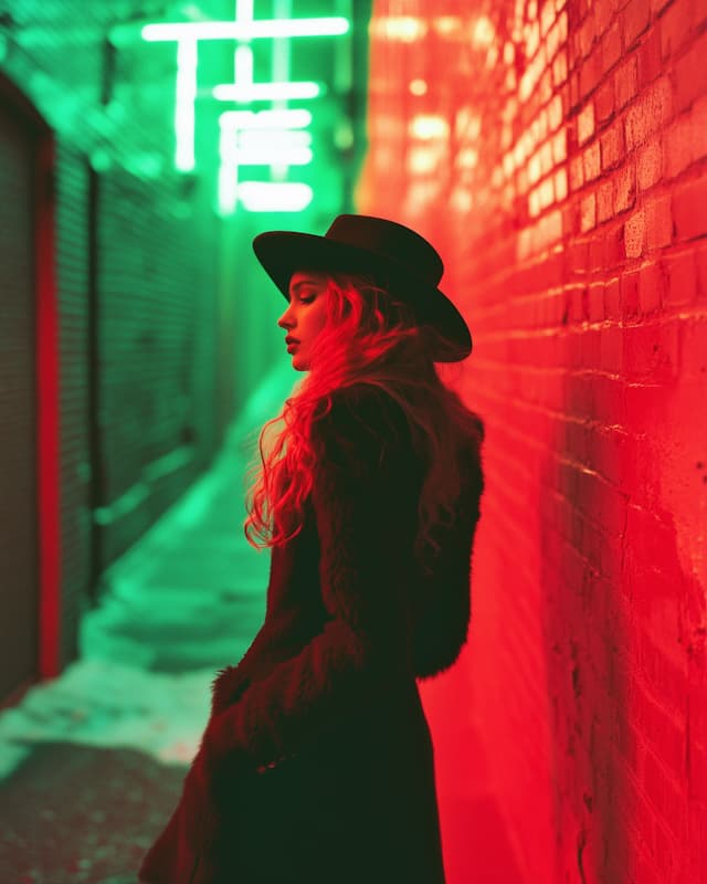 A woman wearing a black hat, coat, and fur is standing in an alleyway. She is looking to her left and appears to be walking down the alley. The alley is surrounded by brick walls and has a red glow, giving it a unique atmosphere.