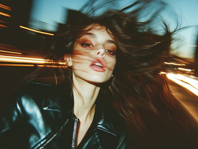 A woman with long, dark hair is wearing a black leather jacket and has ...