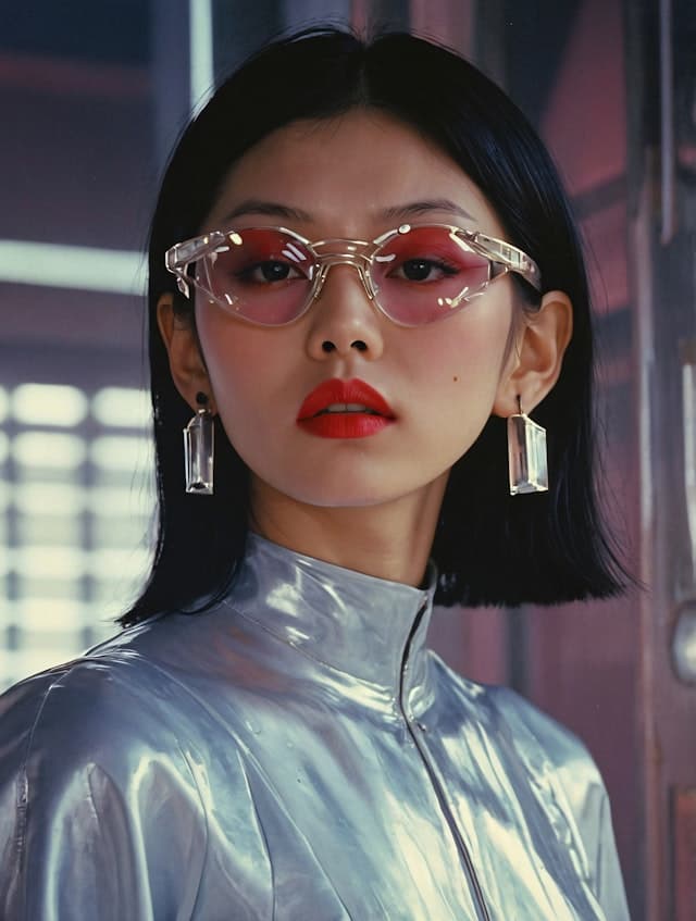 A woman wearing a silver shirt and glasses is posing for a picture. She has short black hair and is wearing a pair of red lipstick. The woman is also wearing earrings, which are visible on her ears. The scene appears to be set in a room with a door in the background.
