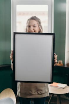 Smiling woman holding a blank frame in a cozy indoor setting, perfect for mockup design.
