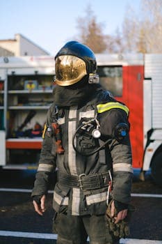 Firefighter in full protective gear standing beside a fire truck during daylight.