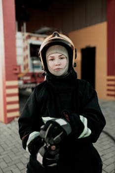 Female firefighter in full gear standing in front of a fire truck.