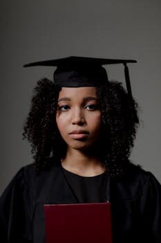 Studio portrait of a young woman in a graduation gown holding a certificate.