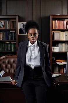 Professional African American woman in business attire standing confidently in an office environment.