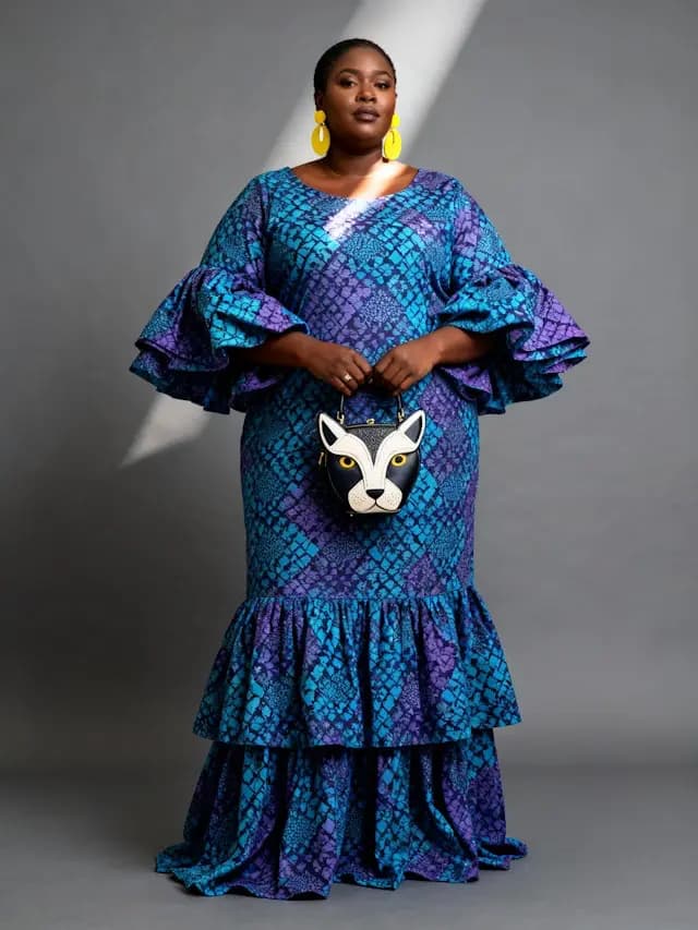 A woman wearing a blue and purple dress is standing in front of a wall ...