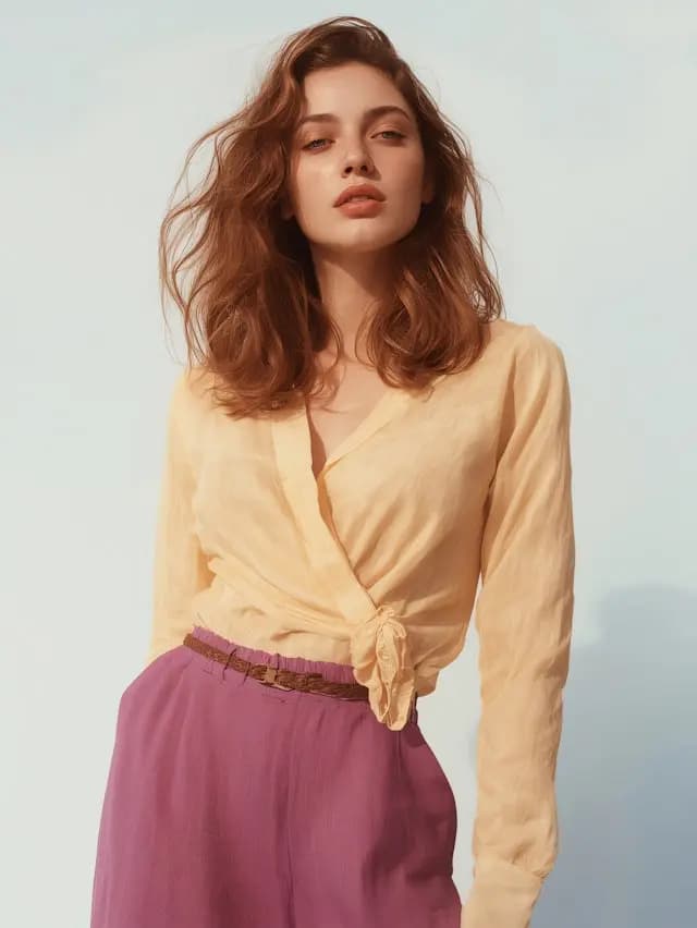 A woman wearing a yellow shirt and purple pants is standing in front of a blue background. She has long hair and is looking at the camera.