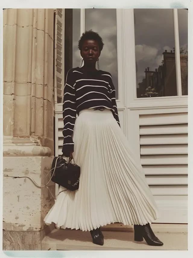 A woman is standing in front of a building, wearing a black and white ...